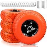 10" 4.10/3.50-4 Flat Free Solid Polyurethane Tire and Wheel with 5/8" Axle Borehole, 2.1" Offset Hub for Wheelbarrow,Hand Truck,Generators,Utility Cart(4Pack Orange)