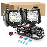 Nilight LED Light Bar 2PCS 60W 4 Inch Flood Spot Combo LED Work Light Pods Triple Row Work Driving Lamp with 12 ft Wiring Harness kit - 2 Leads