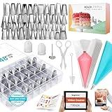 RFAQK 74 PCs Icing Piping Bags and Tips Set, Cake Decorating Kit with 48-Numbered Piping Tips, 20+1 Pastry Bags for Cookie Cupcake Cake Decoration, Cake Decorating Tips Set with Booklet and E-book