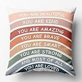 You are Beautiful Kind Amazing Brave Smart Strong and most of all you are loved Inspirational Quote Rainbow Throw Pillow Covers 18x18 Inch，Home Bedroom Living Room Decor，Boho Lovers Girls Kids Gifts