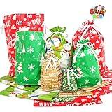 JOYIN 24 Pcs Christmas Drawstrings Foil Gift Bag, Xmas Wrapping Gift Assorted Styles Bag with present Tag for Christmas Holiday Party Favor, Reusable Wrap Goodie Bag Decorations