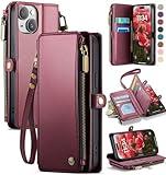Defencase Compatible with iPhone 14 Case Wallet with RFID Blocking Card Holder for Women and Men, Fashion PU Leather Magnetic Snap Flip Zipper Strap Wallet Phone Case Fit for iPhone 14 6.1", Wine Red