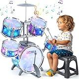 Upgraded Kids Drum Set for Toddlers 1-3, Kids Jazz Drum Ages 3-5, Star Light up Musical Instrument Toys for Boys Girls 2-5 4-6 5-7 ( All Plastic)
