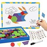 Vanmor 216PCS Magnetic Pattern Blocks Set Complete with 298 Pattern Book Magnet Board Magnetic Shapes for Kids Educational Montessori Tangram Toy for Children Aged 3 8 Portable Travel Game