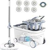 Michao Spin Mop Bucket Deluxe 360 Spinning Floor Cleaning System with 6 Microfiber Replacement Head Refills,62" Extended Handle,4X Wheel for Home Cleaning