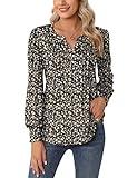 LUYAA Women's Floral Printed Long Puff Sleeve Henley V Neck T-Shirt Pleated Casual Flowy Tunic Blouse Tops