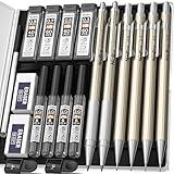 Nicpro 6PCS Metal Mechanical Pencil Set, Full Copper Drafting Pencil 0.3, 0.5, 0.7, 0.9 mm & 2PCS 2mm Graphite Lead Holder(4B 2B HB 2H) For Art Sketching Drawing With Lead Refills Eraser Case