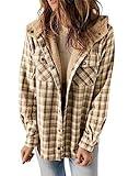 Dokotoo Shacket Jacket Women Fashion Plaid Oversized Hooded Long Sleeve Flannel Shirts Button Down Sherpa Coats Pocketed Casual Winter Fall 2024 Thick Fleece Lined Oversized Outerwear Khaki L