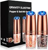 Gravity Electric Pepper and Salt Grinder Set, Adjustable Coarseness, Battery Powered with LED Light, One Hand Automatic Operation, Stainless Steel Copper, 2 Pack