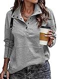 SHEWIN Womens Fall Fashion 2024 Casual Long Sleeve Solid Lightweight Oversized Sweatshirt Loose Button Fall Sweatshirts for Women,US 12-14(L),Grey