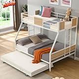 ZMIZAKOY Twin Over Full Bunk Beds with Trundle, Heavy Duty Metal Bed Frame with Safety Rail 2 Side Ladders for Boys Girls Adults,Triple Bunk Bed No Box Spring Needed Space-Saving(White)