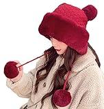 Winter Pompom Beanie Hats for Women Fluffy Knit Womens Beanie Faux Fur Crochet Skull Cap Warm Bucket Outdoor Ear Cover WineRed