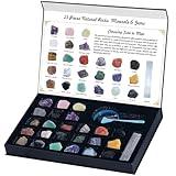 HEMYLU Rock Collection for Kids, 25PCS Crystal Gem Mineral Collection Set Box Gift for Boys and Girls, Natural Gemstone with Learning Guide Education Set