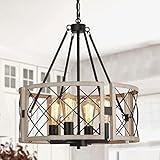 SANTOSTOCK D19'' Farmhouse Chandelier, 4-Light Adjustable Dining Room Light Fixture Kitchen Island Lighting, Rustic Hanging Lights for Entryway Foyer Bedroom Living Room, Black & White Oak