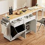 ONBRILL Kitchen Islands with Extendable Dining Table, 81.7" Mobile Kitchen Storage Islands, Rolling Kitchen Cart with Trash Cabinet, Power Outlet, Spice Rack & Towel Rack (White)