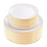 KIRE 100PCS Disposable Plates - White with Gold Rim for Party/Wedding - Includes 50Pieces 10.25inch Dinner and 50Pieces 7.5inch Dessert/Salad Plates
