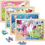 Wooden Puzzles for Kids Ages 4-6, 4 Packs 24 PCs Unicorn Mermaid Princess Fairy Jigsaw Puzzles, Preschool Educational Brain Teaser Toys for Girls 3 4 5 6 Years Old.