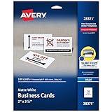 Avery Printable Business Cards with Sure Feed Technology, 2" x 3.5", White, 100 Blank Cards for Inkjet Printers (28371)