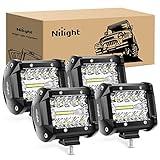 Nilight 4Pcs LED Pods 4Inch 60W Triple Row Flood Spot Combo 6000LM Light Bar Driving Fog Lights Off Road Lighting for Trucks Pickup Golf Cart SUV ATV UTV 4x4 Van Camper Boat