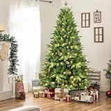 8FT Prelit Christmas Tree, Pre Lit Christmas Tree with 600 Warm White Lights and 2268 Branch Tips, Artificial Faux Christmas Tree with Metal Base for Home, Holiday, Party Decoration
