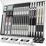 Nicpro 35PCS Art Mechanical Pencil Set, 3 PCS Metal Drafting Pencil 0.5 mm & 0.7 mm & 0.9 mm & 3 PCS 2mm Lead Holder (6B 4B 2B HB 2H 4H Colors) For Sketching Drawing With 20 Tube Lead Refills Case