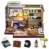 OurMiao Miniature House Kit Detective Lodge, Tiny House with Furniture & LED Lights, Miniature Dollhouse Kit for Adults & Teens, Wooden Craft Gift & Hobby for Family Friends