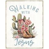 Cowgirl Christian Wall Art 11x14 - Walking With Jesus Western Wall Decor - Country Rustic Religious Decoration for Bedroom Living Room - Inspirational Cowboy Boot Cactus Gift for Women - Unframed
