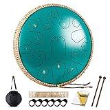 Steel Tongue Drum - HOPWELL 15 Note 14 Inch - Percussion Instrument - Hand Pan Drums with Music Book, Drum Mallets and Carry Bag, D Major, Malachite Green