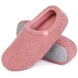 HomeTop Women's Fuzzy Curly Fur Memory Foam Loafer Slippers Bedroom House Shoes with Polar Fleece Lining (9-10, Pink)