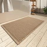 AMOAMI Upgraded Waffle Bath Mat, Super Absorbent Non Slip Bath Mats for Bathroom Floor, Machine Washable Bathroom Rugs with Tassels, Rubber Backed Bathroom Mats, Ultra Soft, 17" x 24", Brown