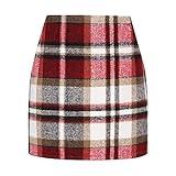 Red Plaid Skirt for Women Fall Winter High Waist Bodycon Pencil Wool Mini Skirt (Wine Red, M)