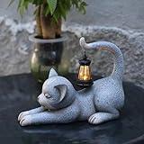 JUMPHIGH Garden Cat Statue with Solar Lantern, Garden Sculpture Decor Animal Figurines Cute Cat for Yard Lawn Patio Balcony Outdoor Ornament, Unique Gifts for Women mom dad