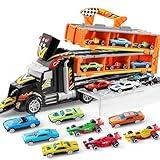 JOYIN Toy Truck for Kids,5-FT Race Track and 12 Die-Cast Metal Toy Cars, Racing Car with Lights & Sounds, Carrier Truck Toy Gift for 2 3 4 5 Years Old Boys and Girls