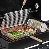 Grill Basket Set(Rectangular+Hexagon), Removable Wooden Handle, 304 Stainless Steel, Rolling Grilling Net, BBQ Accessories Tools for Vegetables Shrimp, Outdoor Cooking Camping, Birthday Gifts for Men Dad Husband