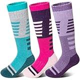 Velice Kids Merino Wool Ski Socks 3 Pairs Boys Girls Thermal Thick Warm Winter Cozy Boot Socks for Skiing Snowboarding(Purple/Green/Rose Red, 8-12 Years)