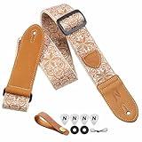 Nefelibata Guitar Strap,Double leather ends,Vintage Woven W/FREE BONUS-4 Picks+Strap Locks+Strap Button,Best Gift For Bass,Electric&Acoustic Guitars for Guitar(Vintage khaki yellow embroidery)