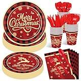 175 Pcs Merry Christmas Party Supplies Set - Serves 25, Festive Red and Black Plaid Disposable Tableware, Includes Paper Plates, Cups, Napkins, Forks, Spoons, Knives for Xmas Holiday Celebrations