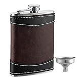 YWQ Premium 1 Pack 8 Oz Hip Flask for Liquor Soft Touch Leather Wrap with Funnel,18/8 Stainless Steel Highest Food Grade Leak Proof Classic Flask