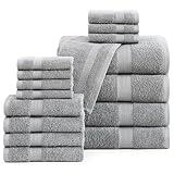 LANE LINEN 16 PC Luxury Grey Cotton Bath Towel Set - Highly Absorbent Bath, Hand and Wash Towels