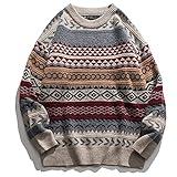 PEHMEA Men's Vintage Striped Sweater Oversized Crewneck Long Sleeve Knitted Pullover Jumper(WineRed-L)