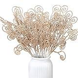 Ysleen 50 Pcs Glitter Christmas Tree Picks and Sprays Twigs Artificial Curly Stem Picks Ornaments 12 Inch Branches Sticks for Xmas Wreath Vase Fillers Gift Decoration(Champagne)