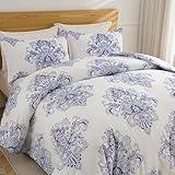 Shatex 3 Piece Full Size Blue Damask Meddalion Comforter Sets - All Season Bedding Comforter Set, Ultra Soft Polyester Nordic Bedding Comforters- White with Blue Flower