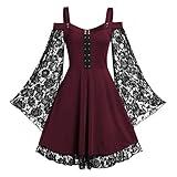 Gothic Vintage Lace Patchwork Women Dress Plus Size Goth Bandage Ladies Spaghetti Strap Dresses(Burgundy,XXL)