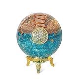 Orgonite Crystal Blue Aquamarine Crystal Ball with Stand for Positive Energy, Chakra Balancing –with Flower of Life Symbol to Promote Purpose, Serenity and Courage