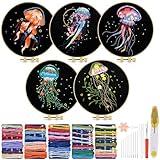 TINDTOP Embroidery Kit for Adults, 5 Sets Jellyfish Embroidery Kit for Beginners Include Embroidery Cloth Hoops Threads for Craft Lover Hand Stitch with Embroidery Skill Techniques