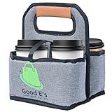 Good E’s 4 Cup Reusable Coffee Cup Carrier for Delivery, Insulated, Waterproof, Collapsible, Portable Tote Bag Drink Holder with Leather Handle Organizer for Cold/Hot Drink & Beverages (16oz to 24oz)