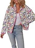 Dokotoo Womens Jackets Stand Collared Long Sleeve Drop Shoulder Pocketed Quilted Winter Jacket Coats Women Casual Soft Open Front Button Up Warm Floral Print Cropped Puffer Jacket M Multicolour