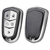 ELOHEI Key Fob Cover for Cadillac, Key Fob Case for 2015-2019 Cadillac Escalade CTS SRX XT5 ATS STS CT6 5-Buttons Premium Soft TPU 361 Degree Full Protection(Leather Texture Silver)