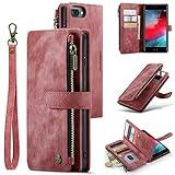 UEEBAI Wallet Case for iPhone 7 Plus/iPhone 8 Plus, Premium Handmade PU Leather Phone Case Card Slots Magnetic Closure Zipper Pocket Kickstand Flip Case with Hand Strap - Vintage Red