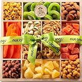 NUT CRAVINGS Gourmet Collection - Holiday Christmas Dried Fruit & Mixed Nuts Gift Basket in Reusable Wooden Tray + Ribbon (12 Assortments) Xmas Kwanzaa Arrangement Platter, Healthy Kosher Corporate